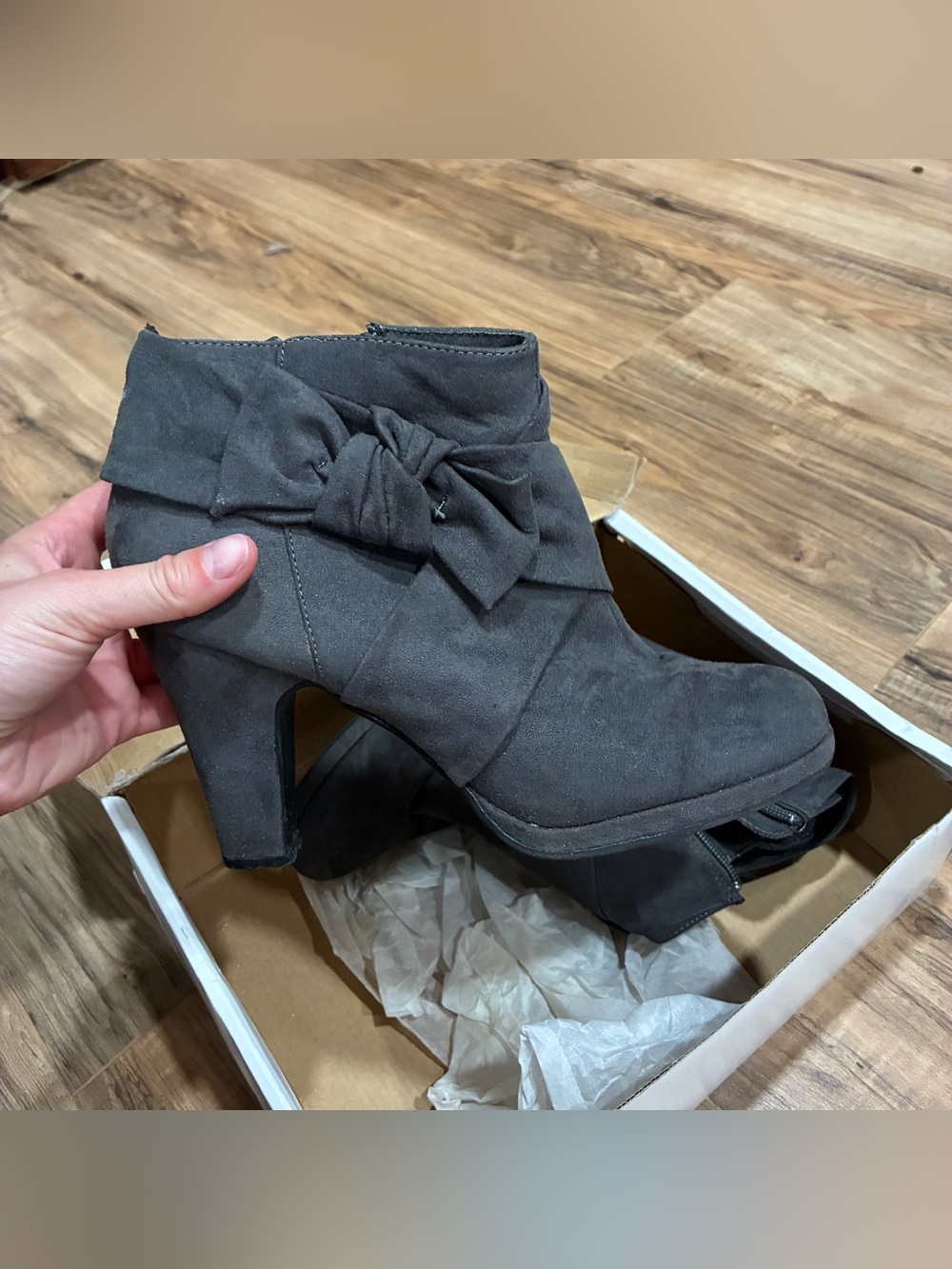 Rampage Grey Suede Bow Ankle Boots In Box
